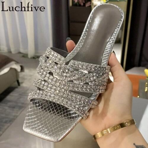Silver Crystals Slippers Women Open Toe Mule Sandals Summer Flats Shoes Textured Rhinestones Ladies Shoes Woman