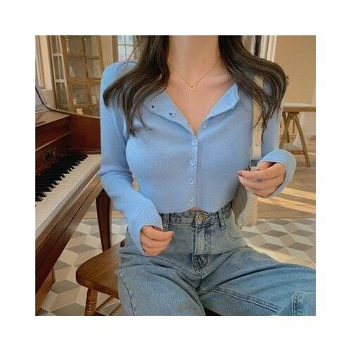 Button Cropped Cardigans For Women 2021 Spring Autumn Sexy Short Cardigan Sweater Femme Knit Tops Ladies Gray Green