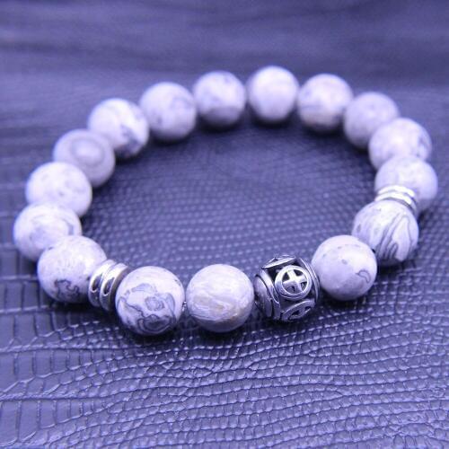 Wonlee Winle 11mm Natural Gray Map Stone Beaded Stretch Bracelets for Men&Women Stainless Steel Cross Ball Strand Bracelet