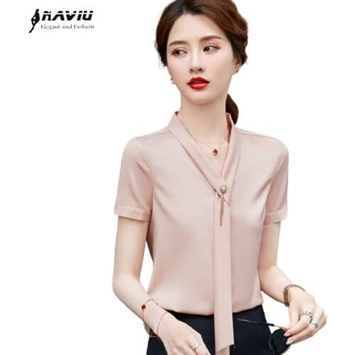 Pink Chiffon Shirt Women 2021 New Short Sleeve Summer Thin Fashion Tempermant Formal Casual Blouses Office Ladies Work Tops