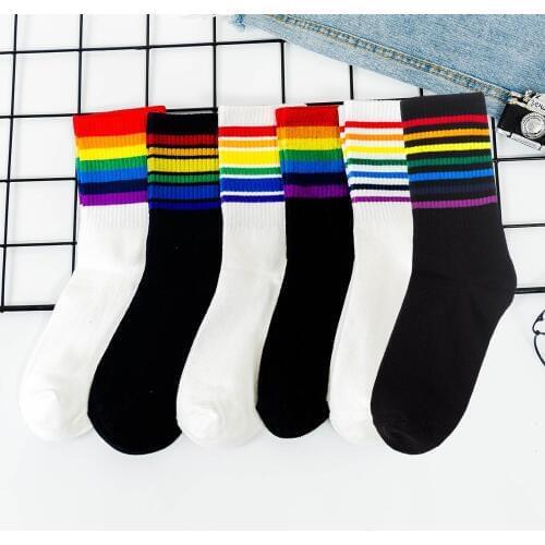 Women Cotton Rainbow Socks Men Fashion INS Autumn Winter Hongkong Street Striped Sport Long Crew чулки