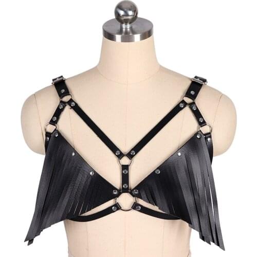 Female Sexy Lingerie Goth Tassel Leather Bra Straps Chest Harness Garter Belt Women Body Bondage Suspenders Bdsm Tops Fetish