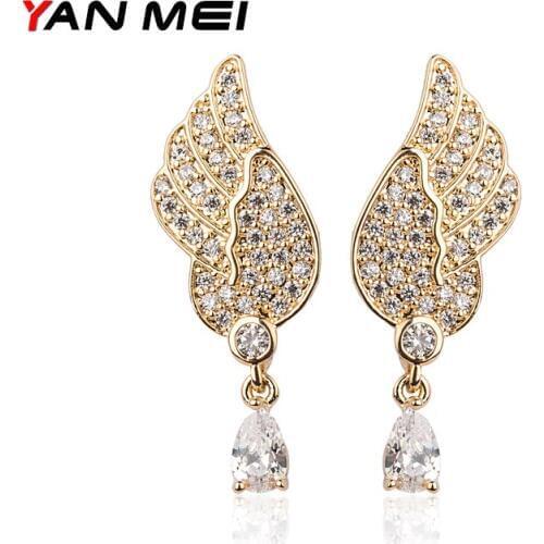 YAN MEI High Quality Delicate And Fashionable Style Garden Rose Feather Zircon Earrings Gold Color Jewelry brincos GLE6280