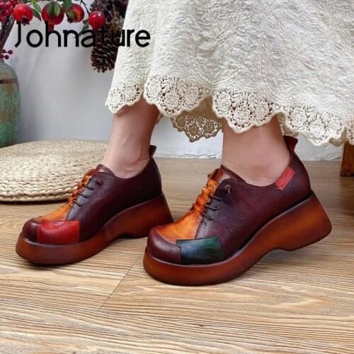 Johnature 2021 New Autumn Winter Pumps Women Shoes Retro Genuine Leather Mixed Colors Round Toe Lace-Up Sewing Ladies Shoes