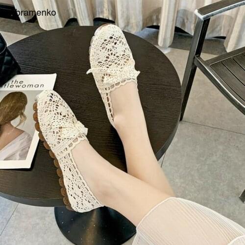 Women Flats Summer Style Casual Solid Gauze Breathable Slip-On Flat Shoes Soft Comfortable Women Hollow Bow Shoes Ballet Flats