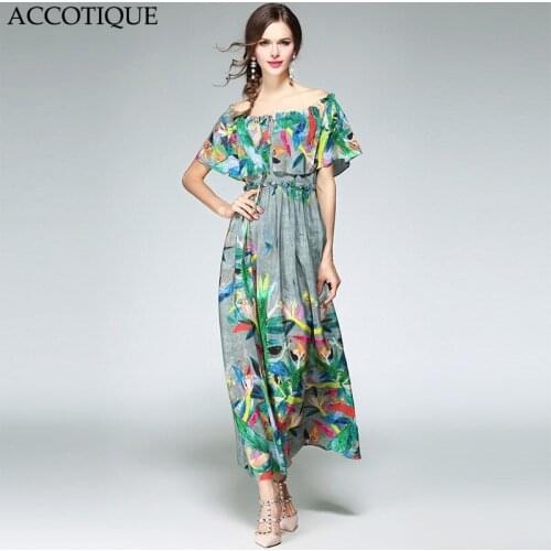 New Arrival 2017 Summer Womens Flower Printed Draped Short Sleeve Dress Female Slash Neck Bohemian Slim Casual Long Dresses