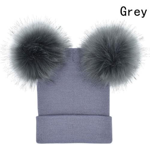 Winter Baby Knit Hat With Two Pompoms Boy Girls Natural Ball Beanie Kids Caps Double Real Fur Pom Hat for Children