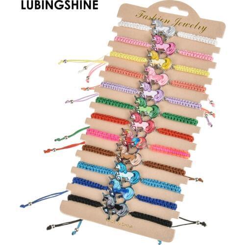 12pcs/lot Handmade Woven Rope Chain Bracelet Set Enamel Unicorn Charms Bracelets for Women Fashion Adjustable Cuff Jewelry
