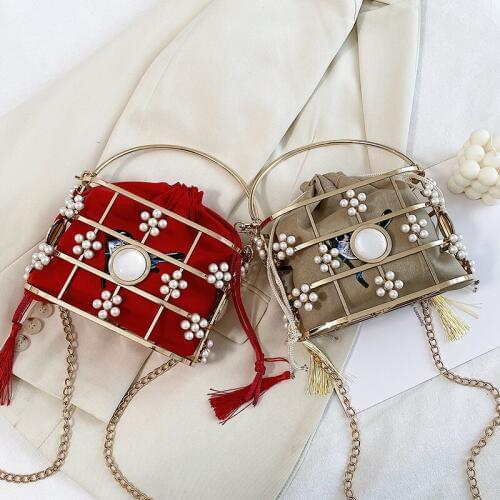 Hollow Out Evening Clutch Bag Womens Flowers Diamond Pearl Metallic Cage Handbags And Purses Ladies Bucket Bag Dinner Party