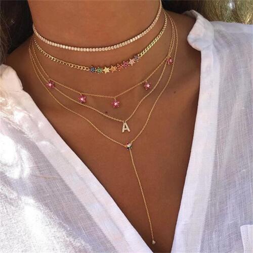 Rainbow CZ Cuban Link Chain Choker Statement Necklaces For Women Gold Color Delicate Star Charm Simple Fashion Elegance Jewelry