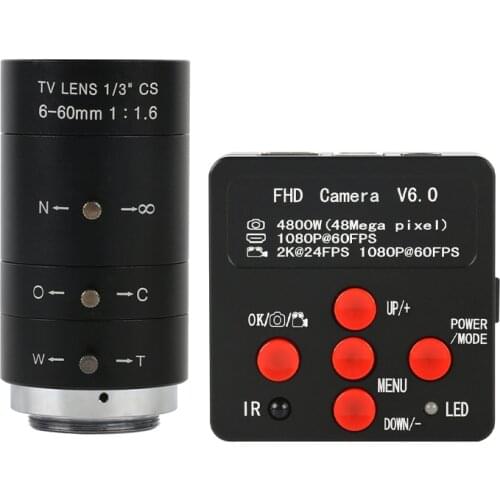 2K 1080P HD 38MP Industry Video Microscope Camera 6-60mm Manual Zoom CCTV Surveillance Lens