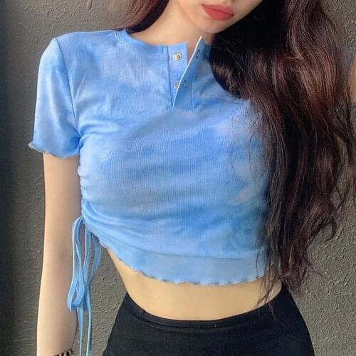 Women Short Sleeve Ruched Drawstring Wavy Edges Tie Dye Crop Top T-shirt