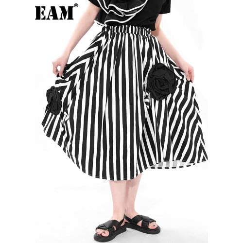 [EAM] High Elastic Waist Striped Ruffles Black Loose Striped Half-body Skirt Women Fashion Tide New Spring Autumn 2021 1DD716401