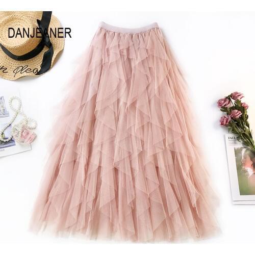 DANJEANER Elegant Women Irregular Tulle Skirt Solid High Waist Mesh Tutu Skirt Pleated Long Midi Skirt Saias Faldas Jupe Femmle
