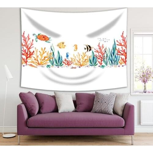Tapestry Turtle Seaweed Coral Reef Fish Seahorse Underwater Creature Life in Ocean Art Red Yellow Green