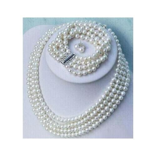 4 Row 7-8mm 100% Genuine White Pearl Necklace Bracelet Earrings Set