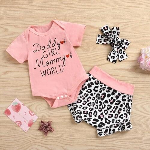 3 Pieces Kids Suit Set, Letter Print O-Neck Short Sleeve Romper+ Leopard Print Pants+ Headband for Girls, 3-18 Months