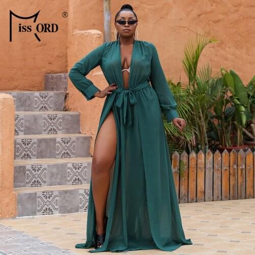Missord 2021 Sexy Women Summer Dress Curve Glamorous Deep V Neck Sheer Mesh Belt Split Thigh Long Sleeve High Waist Dresses