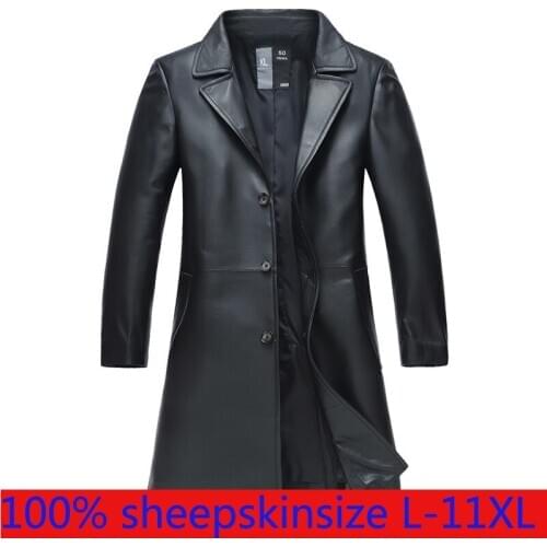 New High Quality Men Sheepskin Leather Suit Collar Long Casual Coat Windbreaker Fashion Single Breasted Plus Size L-9XL10XL11XL