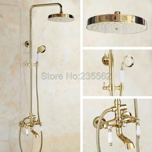 Wall Mounted Bathroom Golden Brass Rain Shower Faucet Set With Ceramic Handheld Shower Head lgf375