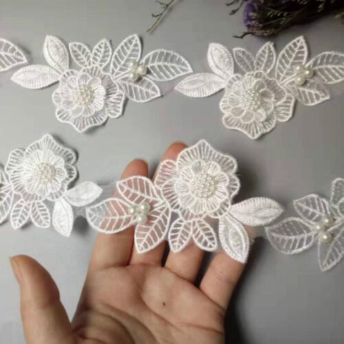 New 10x White Pearl Beaded Flower Leaf Embroidered Lace Trim Ribbon Fabric Handmade Sewing Craft For Costume Hat Decoration Hot