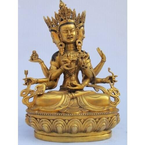 Wholesale factory Tibet 100% Bronze Gilt 3 head 8 Arm Namgyalma Ushnishavijaya kwan-Yin buddha
