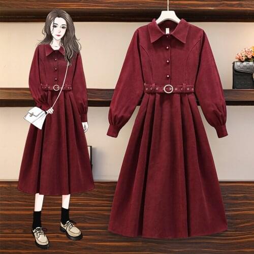 EHQAXIN Autumn Womens Dresses 2021 All-Match Retro High Waist Button Lapel Long Sleeve Dress Ladies With Belt Casual L-4XL
