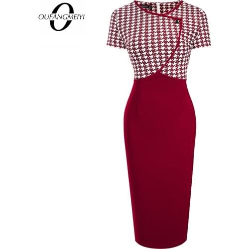 Summer Short Sleeve Chic One Button Houndstooth Patchwork Classic Elegant Vintage Slim Women Office Pencil Dress EB620