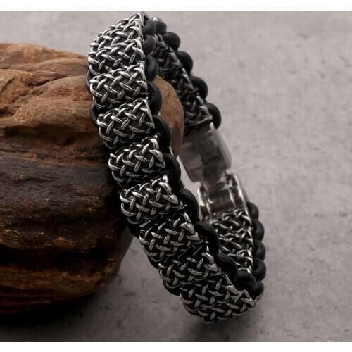 Popular mens woven leather bracelet titanium steel mens bracelet hot stainless steel leather rope bracelet