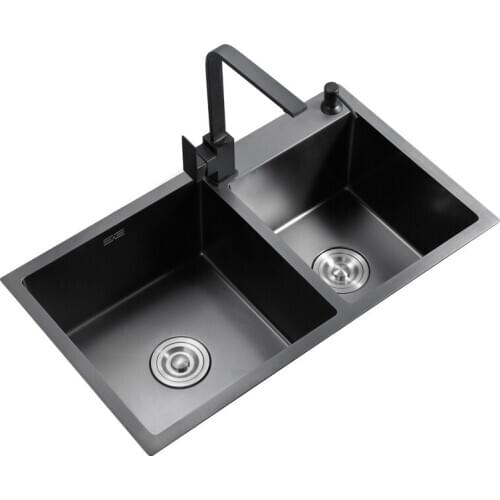 Black Kitchen Sink Doubel bowel Above Counter or Udermount Stainless Steel Seamless Vegetable Washing Basin Sink