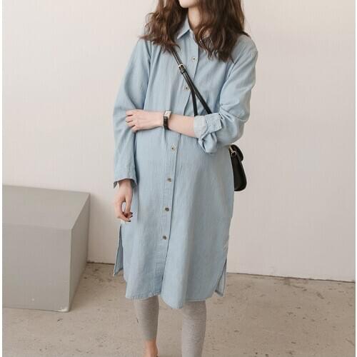 Pregnant treasure mother spring and autumn new loose pregnant denim shirt large long comfortable long-sleeve shirt tied dress