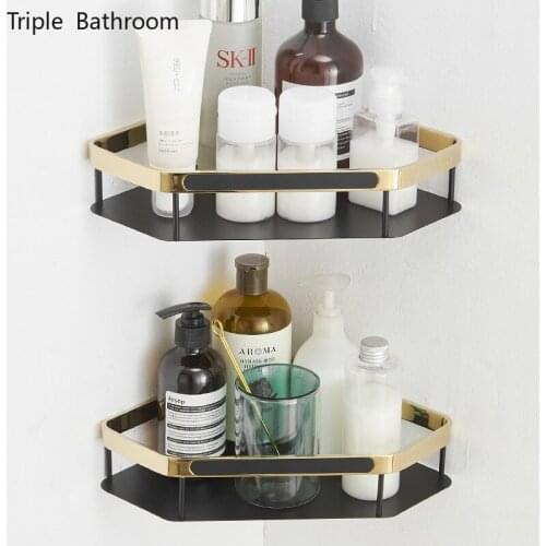 Light Luxury Brass Wall Shelf Punch-free Triangle Shape Corner Stand Bathroom Wash Set Shampoo Shower Gel Shower Storage Basket