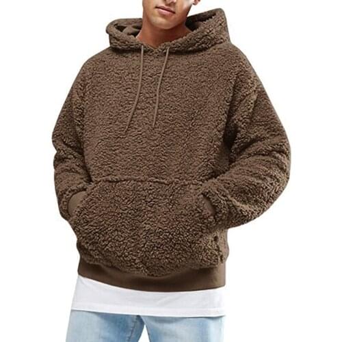 U90E Men Boys Winter Thicken Plush Long Sleeve Sweatshirt Pullover Drawstring Hoodie Tops with Pocket Fluffy Kangaroo Outwear