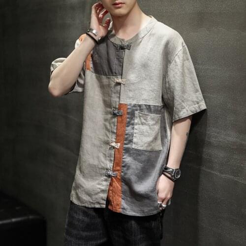 Tradictional Chinese Clothing For Men Patchwork Half Sleeve Chinese Style Shirts Kung Fu Tai Chi Tang Suit Style Tops CN-187