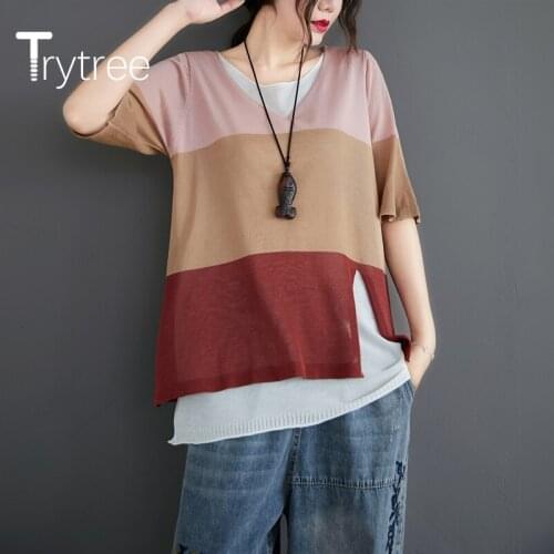 Trytree 2020 Summer Women Casual T-shirt O-neck Patchwork Stripe Loose Fake two pieces Vintage Half Sleeve Fashion T-shirt Tops