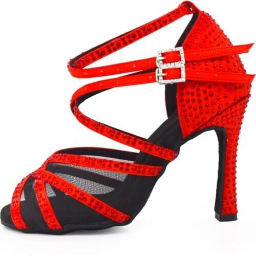 Evkoodance Practice Women Party Dance Shoes Soft Red Satin Rhinestones Latin Salsa Dance Shoes 10cm Sexy High Heels Ladies Shoes