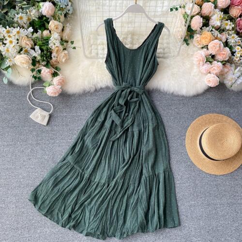 Vintage dot print bandage midi long Dress Summer Party elegant tank sundress vestido de festa Women tunic beach pleated Dress