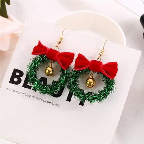 Christmas Wreath Dangle Earrings New Design Jingle Bell Red Bow Women Fashion Christmas Drop Earrings New Year Gifts For Women