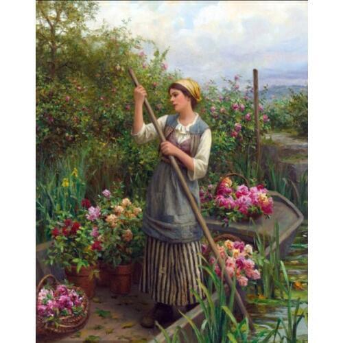 Embroidery Boating along the river Pluck flowers woman Needlework 14CT Unprinted DIY Cross Stitch Kits Handmade Arts Decor