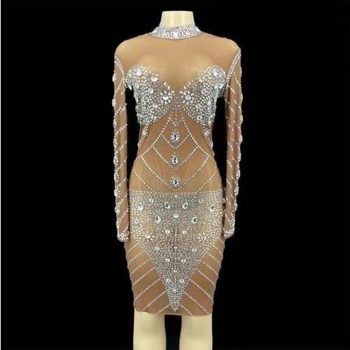 Bright Silver Rhinestones Long Sleeves Tan Color Dress Sexy Stretch Transparent Costume Evening Celebrate Dresses Birthday