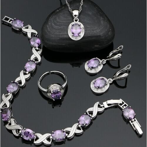 925 Sterling Silver Jewelry Set Romantic Purple Amethyst Stone Earrings Open Ring Pendant Chain Bracelet for Bride