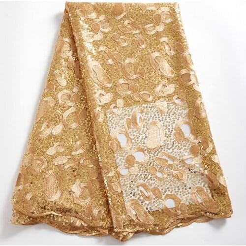 Zhenguiru New Arrival Hight Quality Golen African Lace Fabric Sequined Mesh French Tulle Nigeria Fabric For Women Wedding A 2364