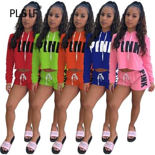 Pink Letter Print Tracksuit Long Sleeve Hoodies Sporty Matching Suit Lady 2 Pieces Clothes Set
