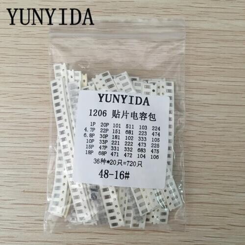 1206 SMD Capacitor assorted kit ,36values*20pcs=720pcs 1pF~10uF Samples Kit electronic diy kit Free shipping
