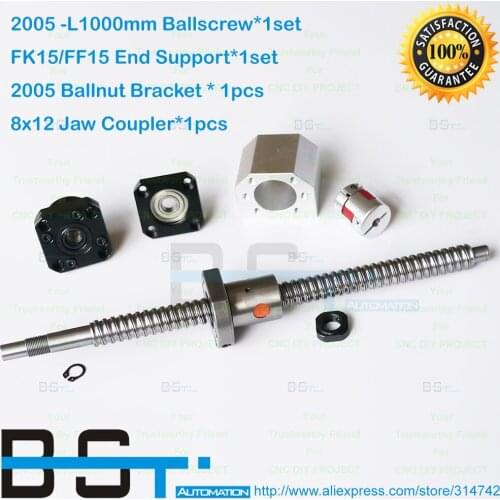 20mm 2005 Ball Screw Rolled ballscrew SFU2005-L 1000mm + End machined+ FK15 FF15 Support + 2005 Ballnut Bracket + 8X12mm coupler