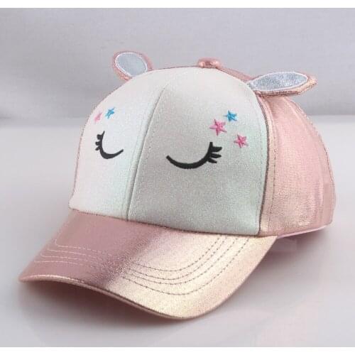 White Pink Girls Glitter Cap with Ears Kids Baseball Cap Sleepy Eyes Princess Cute Hat for Daughter 2 To 7years