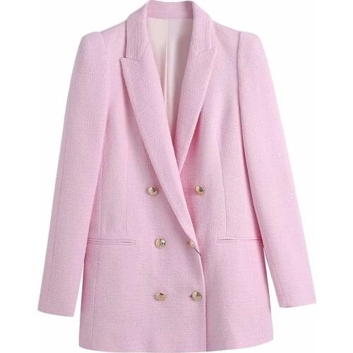 Blazer 2021 Spring new lady tweed coat Double Breasted small fragrant wind women lapel loose Midi Suits jacket Long Sleeve Top