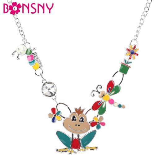 Bonsny Enamel Alloy Frog Bee Caterpillar Necklace Pendant Chain Collar Novelty Animal Jewelry For Women Girls Gifts Party Charms