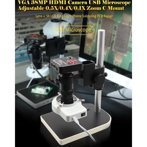 HDMI 38MP VGA Digital Video Camera + 130X C-mount Zoom Lens + 56 LED Ring Light Lamp Microscope Camera Set for Phone PCB Repair