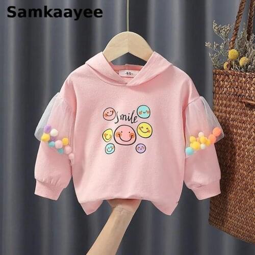 2-9y Girls Hoodie Sweatshirt Spring Autumn Baby Children Hooded Clothes Puff Sleeve Smiling Face Clothing Cartoon Sportswear y30